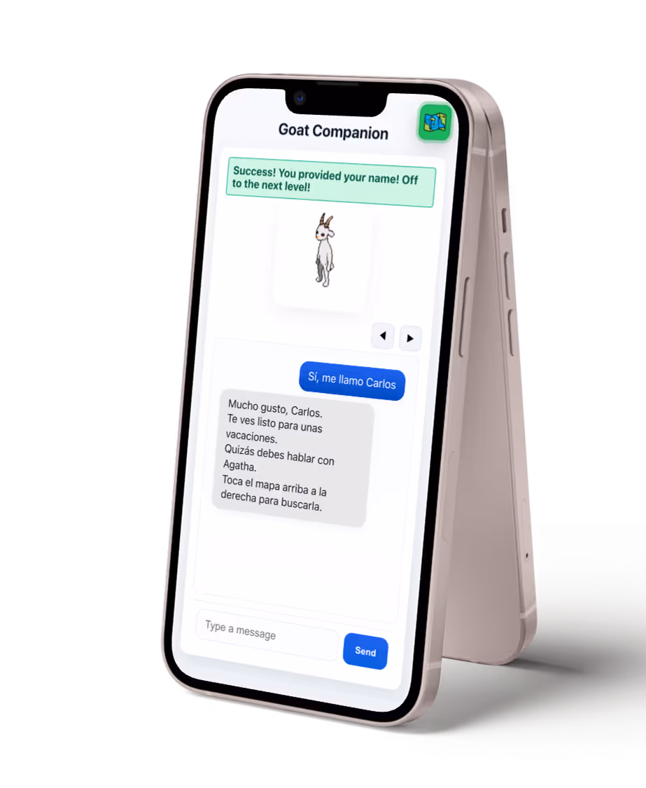 Smartphone showing a Goat Companion app chat, with a small goat image and a conversation in Spanish welcoming Carlos and instructing to find Agatha on the map.